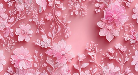 Wall Mural - Soft pink lace patterns with delicate floral details and light shading in pink illustration background