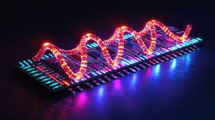 Fototapete - Futuristic Circuit Board with Electric Waves and Neon Lights, Symbolizing Technology Transformation and Digital Innovation in Electronics and Computing