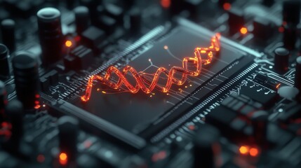 Fototapete - Abstract electronic circuit design featuring light waves and complex patterns, symbolizing technology, innovation, and advanced computing concepts in digital art.