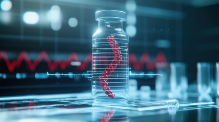 Poster - Glass vial containing a DNA double helix strand illuminated in a modern laboratory showcasing advanced biotechnology and genetic research concepts