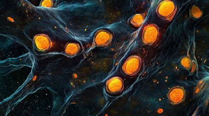 Poster - Stunning Close-Up of Vibrant Neurons with Glowing Orange Cell Bodies Against a Dark Background, Showcasing Neural Connections and Biological Structure