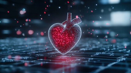 Poster - Abstract Digital Heart Concept with Neon Lights and Circuit Design, Representing Love, Technology, and Human Emotion in a Futuristic Style for Creative Projects