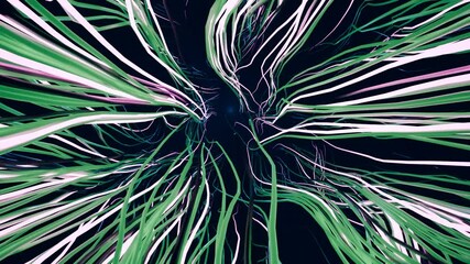 Aufkleber - An abstract visual featuring flowing green, white, and purple lines converging towards the center on a dark background, evoking a sense of motion and energy