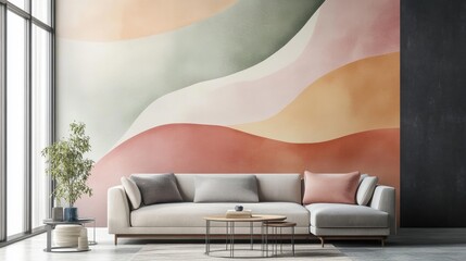 Poster - Minimalist Abstract Wallpaper, soft flowing curves, muted pastel tones, serene ambiance, elegant design, perfect for modern spaces