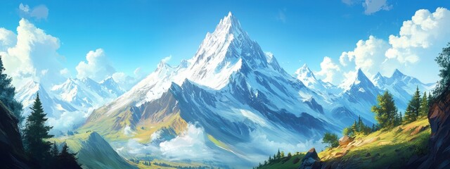 Canvas Print - Majestic mountain landscape featuring snow-capped peaks, vibrant blue skies, and expansive glaciers for a stunning visual experience