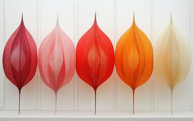 Aufkleber - Five colorful, leaf-shaped, hanging sculptures in gradient shades of red and orange.