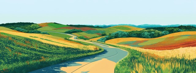 Canvas Print - Countryside Roadscape, winding road through lush fields under bright blue skies, serene and inviting rural landscape illustration