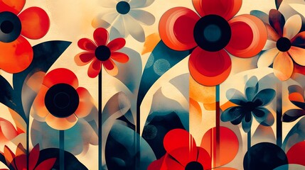 Wall Mural - Abstract Red Orange and Blue Flowers Artwork