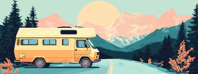 Canvas Print - Cozy camper van on mountain road, breathtaking views of nature, tranquil escape, adventure awaits, perfect getaway spot