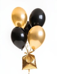 Wall Mural - Gold and black balloons bunch tied with golden gift bag.