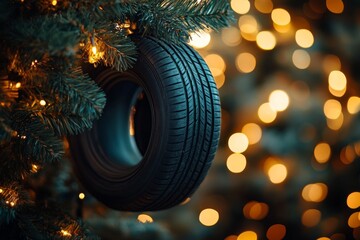 Wall Mural - A black tire hanging on a Christmas tree.