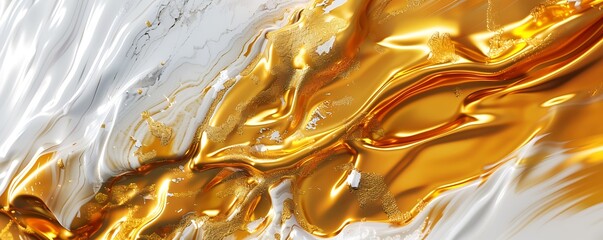 Realistic abstract background with liquid gold and white marble texture, detailed 3D rendering close-up, luxurious and elegant.