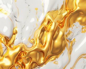 Realistic close-up 3D render of liquid gold and white marble texture, detailed abstract background, elegant and luxurious.