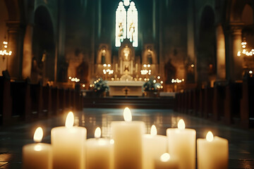 Lit Candles Illuminate the Aisle of a Church with a Blurred Background of the Altar and Pews