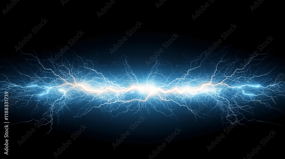 Dynamic blue electric energy wave against a dark black background ...
