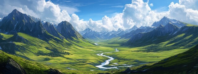 Canvas Print - Serene Mountain Valley with Lush Green Hills, Meandering River, Expansive Bright Blue Skies