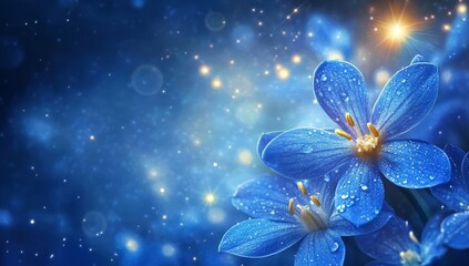 Wall Mural - Dew-kissed blue flowers sparkle in magical night.