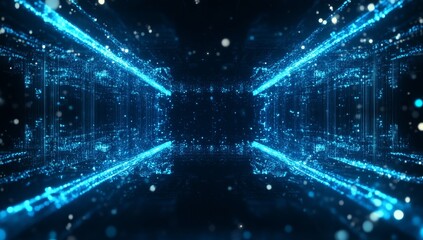 Fototapete - Abstract blue digital tunnel with glowing particles and data streams.