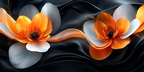 Orange & white flowers on dark fabric waves. Elegant nature art for decor