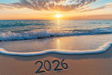 Canvas Print - New Year concept, written 2026 on the beach sand at sunset.