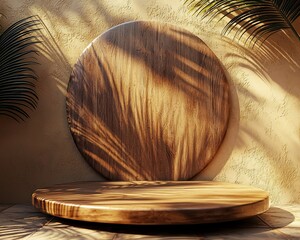 Poster - Wooden display platform with palm shadows.