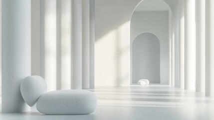 Poster - Minimalist white interior with columns, arches, and plush seating.