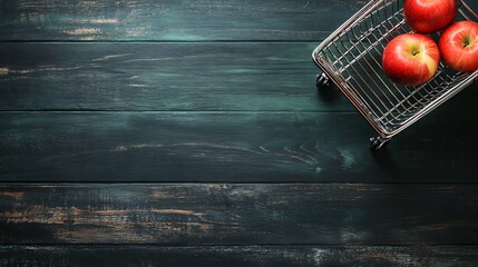 Canvas Print - Red apples in a miniature shopping cart on a dark wooden surface.