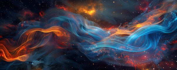 Swirling clouds of blue, orange, red, and yellow in space, dark background with glowing particles, fantasy artwork, octane render, soft light.