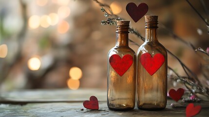 Canvas Print - Two amber bottles with red hearts, bokeh background.