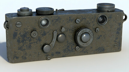 Weathered vintage camera, studio shot, against white background, showing age and texture, ideal for history or photography projects