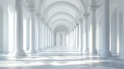 Poster - Sunlit white marble colonnade hall interior.