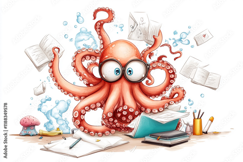 Ai generates an octopus mastering multiple tasks at a desk in a ...