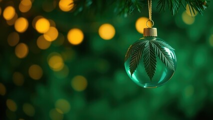 Poster - A Festive Christmas Ornament Featuring a Delicate Leaf Design Within a Clear Glass Sphere, Adorned with a Golden Hanger and Set Against a Background of Blurred Lights and Evergreen Foliage