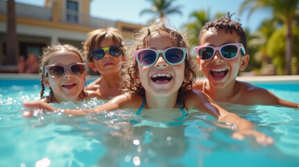 a group of children playing in the pool