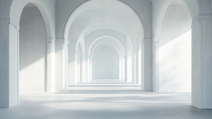 Poster - Sunlit white arched hallway, minimalist architecture, empty space.