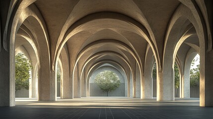 Poster - Sunlit interior with arched concrete ceilings and columns.