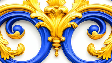 Wall Mural - Gold blue ornate scrollwork detail, close-up, European building facade, white background, design element