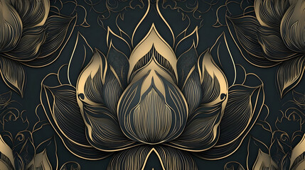 Wall Mural - Elegant gold lotus flower seamless pattern on dark background, ideal for textile prints or wallpapers