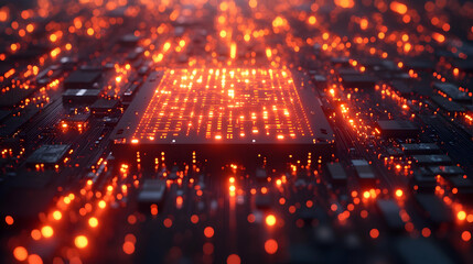 Poster - Glowing Circuit Board with Red and Orange Lights Abstract Technology Background