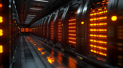 Poster - Futuristic Data Center Corridor with Glowing Servers and Metallic Walls