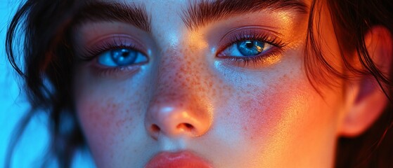 Wall Mural - Close-up portrait, freckled woman, blue eyes, warm light