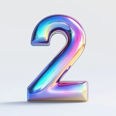 Fototapete - Glossy iridescent number two stands out against plain background. Vibrant hues reflect light creating celebratory aesthetic. Dynamic design element perfect for party decorations marketing materials.