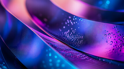 Poster - Abstract close-up of colorful ribbons and water droplets with vibrant hues of purple, blue, and pink creating a mesmerizing visual effect