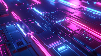 Poster - Futuristic abstract background with glowing neon lines and reflective surfaces showcasing a high-tech digital environment and vibrant color contrasts