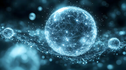 Poster - Glowing Abstract Sphere with Blue Particles and Energy Waves