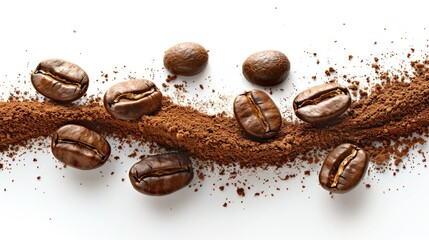 A composition of coffee beans and ground coffee, showcasing the rich texture and color of coffee.