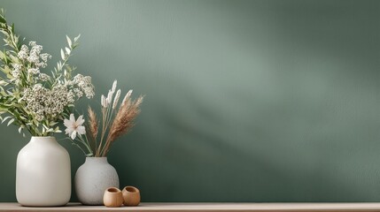 Wall Mural - Soft Olive Green Wallpaper with Minimalist Floral Arrangement