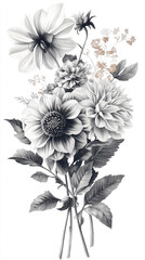 Wall Mural - The image is a detailed black and white botanical illustration of a bouquet of flowers, including dahlias and other smaller flowers and leaves, with subtle hints of gold coloration on some elements