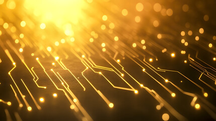 Poster - Golden Circuit Board Background with Glowing Particles and Abstract Lines Radiating Energy and Light in a Dynamic and Futuristic Atmosphere
