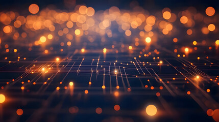 Poster - Abstract digital background with bright glowing bokeh lights and intricate network connections, perfect for technology and innovation themes.